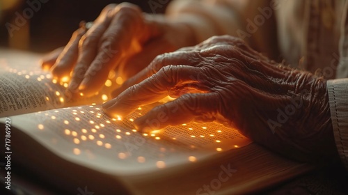 Glowing Hands Reading a Book: A Catchy Title for a Monthly Event Generative AI photo