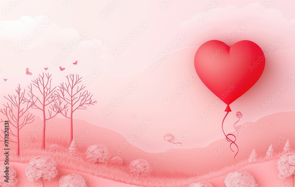 Valentine's Day concept depicting a heart-shaped balloon, soaring through a pink sky, carrying a gift box while a gentle cascade of smaller hearts drifts down over a whimsical paper-cut landscape. Ai 