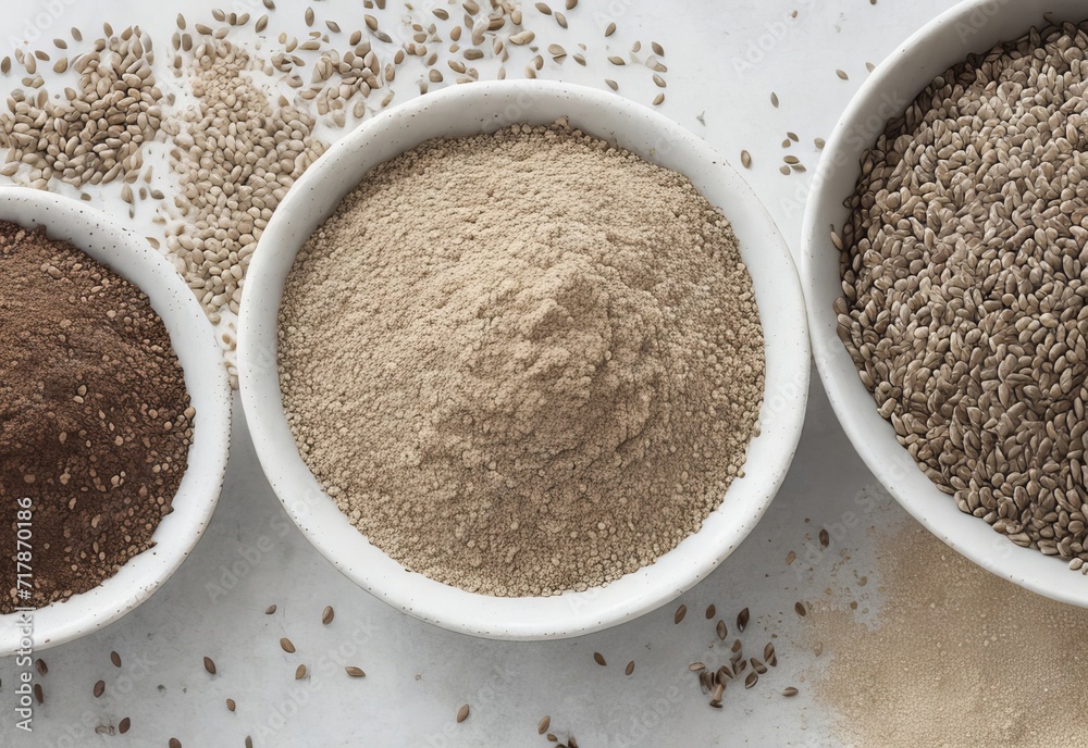 mix of organic seeds and food powder high view mix of organic seeds and food powder high view