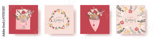 Set of 4 square greeting cards for international women's day with calligraphic hand written phrase. Women with flowers. Eight march. Hand drawn flat vector illustration