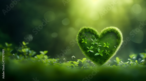 Green eco heart on green background with sun rays