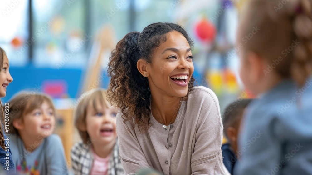 Joyful Female Teacher Interacting with Diverse Young Students. Joyful Female Teacher Interacting with Diverse Young Students.