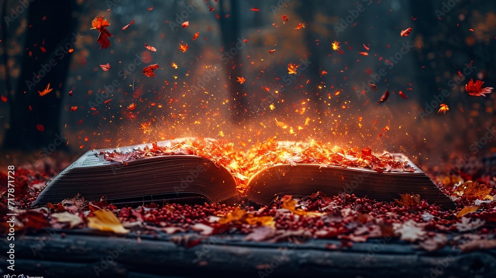 Fall Leaves and Autumn Fires: A Bookish Celebration of the Season Generative AI - obrazy, fototapety, plakaty 