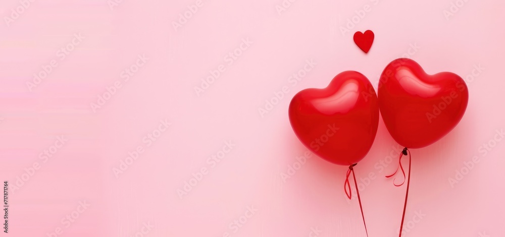 Valentine's Day Two metallic red heart-shaped balloons float against a vibrant pink backdrop, offering a minimalist yet evocative symbol of love and Valentine's Day celebration. Ai generated Valentine's Day Two metallic red heart-shaped balloons float against a vibrant pink backdrop, offering a minimalist yet evocative symbol of love and Valentine's Day celebration. Ai generated