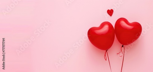 Valentine's Day Two metallic red heart-shaped balloons float against a vibrant pink backdrop, offering a minimalist yet evocative symbol of love and Valentine's Day celebration. Ai generated photo