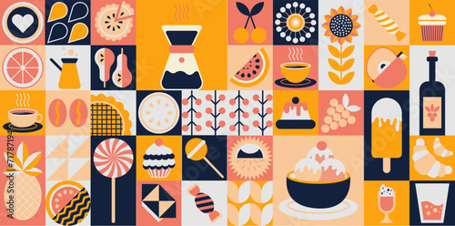 Geometric pattern of food. Bakery products, sweet dessert, fruits, candies, ice cream, tea, coffee, wine, drinks. Simple forms. Restaurant menu concept. Vector minimal banner