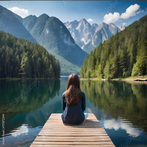 ragazza seduta su un pontile che si affaccia in un lago © Gianni