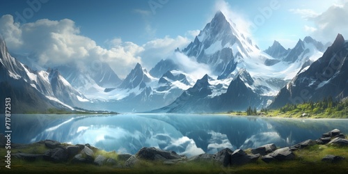 A dramatic mountain range with jagged peaks and a glacier-fed lake reflecting the towering summits.