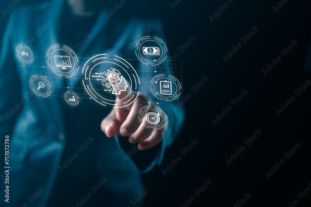 Businessman's Hand Touching Virtual Screen for High-Performance Stock Market Results Businessman's Hand Touching Virtual Screen for High-Performance Stock Market Results