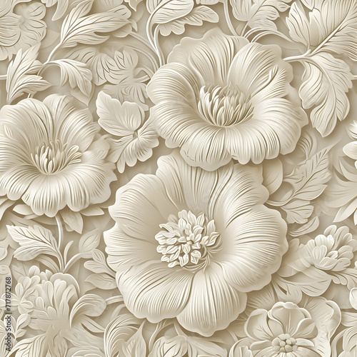 Seamless pattern beige flowers and leaves illustration