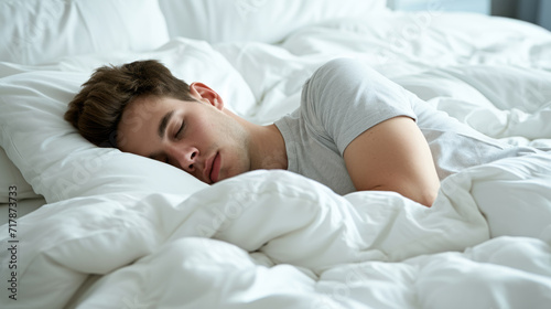 male asleep in a comfortable white bed