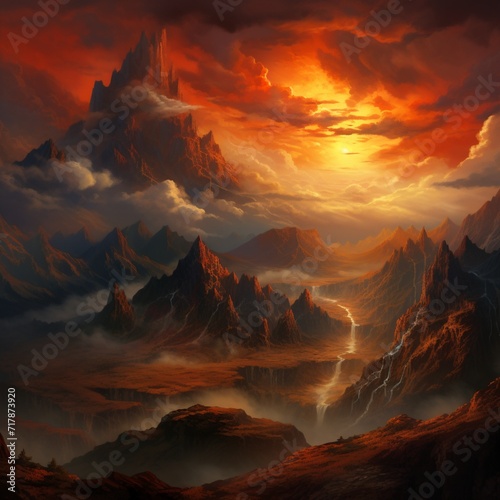 A dramatic mountainous landscape at sunset, with layers of peaks, a fiery sky, and clouds creating a sense of grandeur.