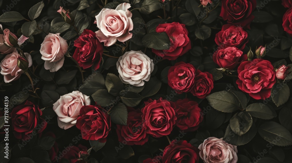 Valentine's Day exquisite tapestry of roses in a gradient of deep red to soft pink hues creates a rich, romantic background. a sense of luxury and elegance. Ai generated