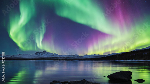 Majestic Blue Aurora Borealis Dancing Over Tranquil Waters with Ample Copy Space