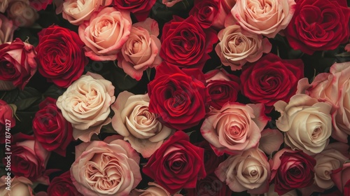 Fototapeta Naklejka Na Ścianę i Meble -  Valentine's Day exquisite tapestry of roses in a gradient of deep red to soft pink hues creates a rich, romantic background. a sense of luxury and elegance. Ai generated