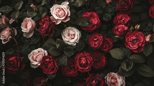 Valentine s Day exquisite tapestry of roses in a gradient of deep red to soft pink hues creates a rich  romantic background. a sense of luxury and elegance. Ai generated