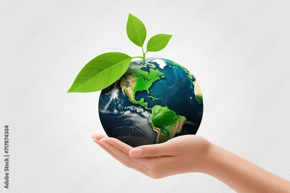 Close up of a green plant with leaves and 3d earth object growing from hand.ai generated Close up of a green plant with leaves and 3d earth object growing from hand.ai generated