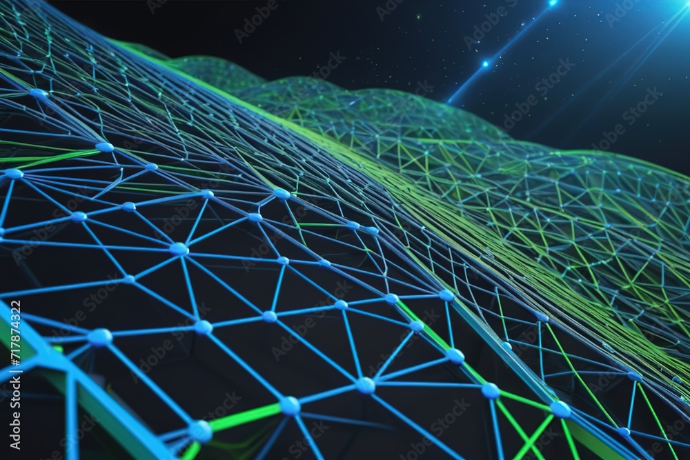Blue and Green Network Lines wireframe structure and dot form a Futuristic.ai generated