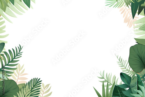 A collection of tropical leaves forms a frame against a white background  creating a foliage plant background with empty space for copy.