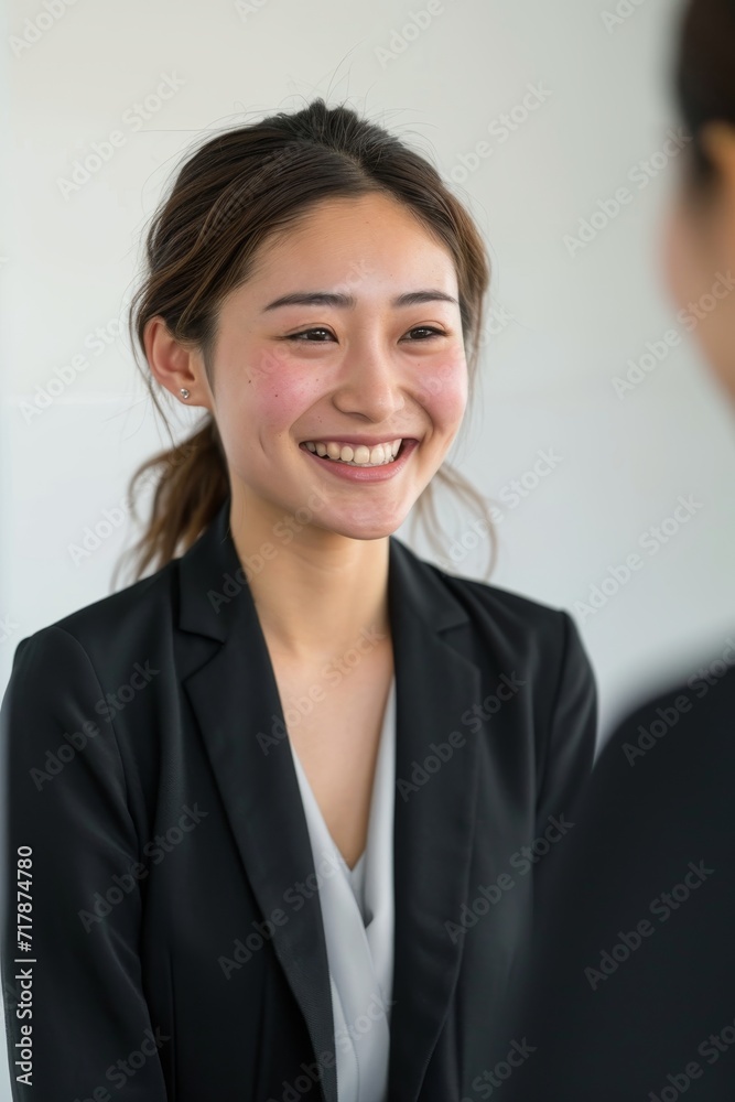 Young Japanese smiling woman in jacket. Business friendly negotiations Young Japanese smiling woman in jacket. Business friendly negotiations