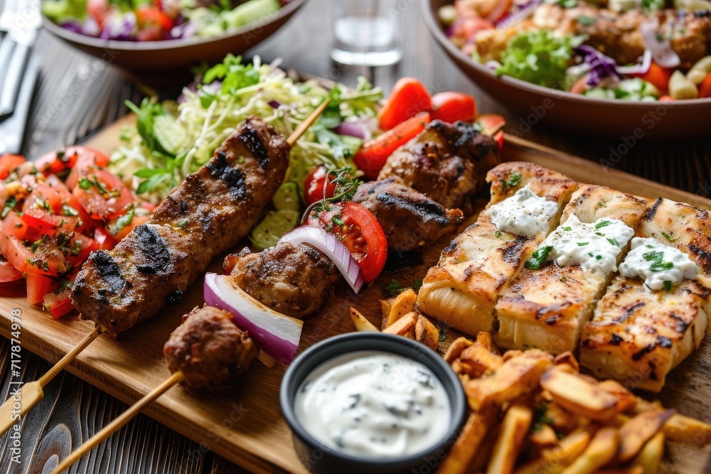 Fried souvlaki, greek salad and tzatziki on wooden table Fried souvlaki, greek salad and tzatziki on wooden table