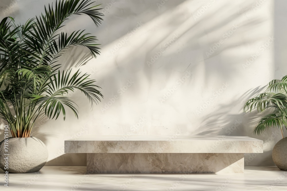 Luxury empty marble podium with tropical leaves and plant shadow on white wall for product placement display. Luxury empty marble podium with tropical leaves and plant shadow on white wall for product placement display.