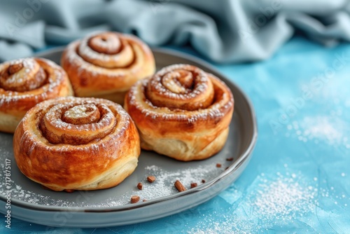 Homemade cinnamon rolls on a gray earthenware tray on blue background