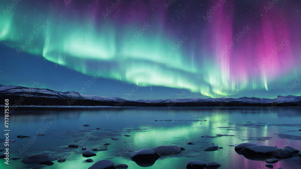 Northern Lights Reflections: A Breathtaking Blue Aurora Borealis Scene Perfect for Design Projects