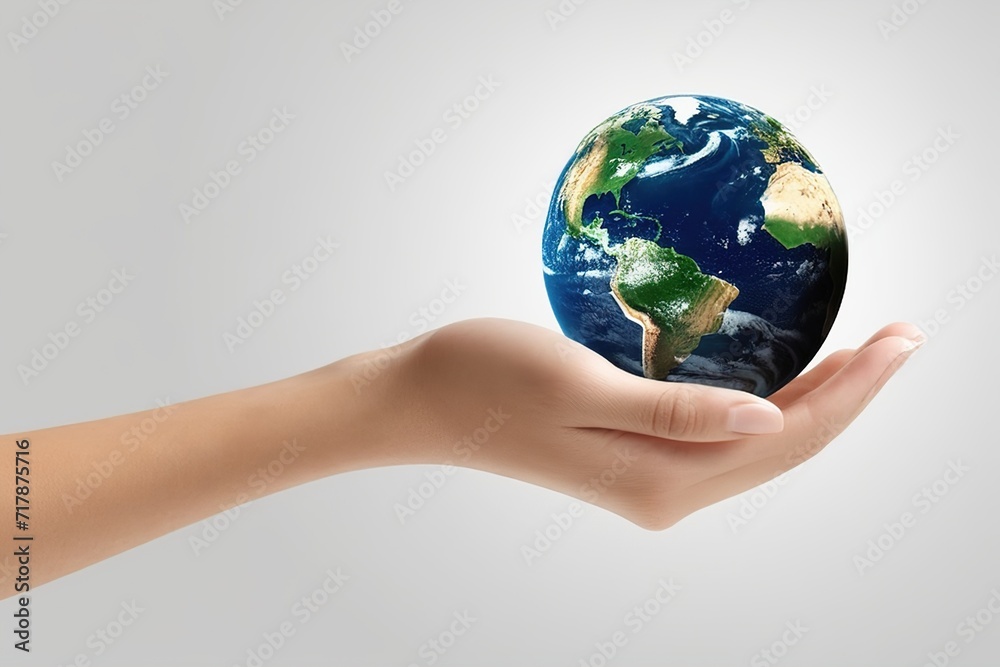 Close up of a green plant with leaves and 3d earth object growing from hand.ai generated Close up of a green plant with leaves and 3d earth object growing from hand.ai generated