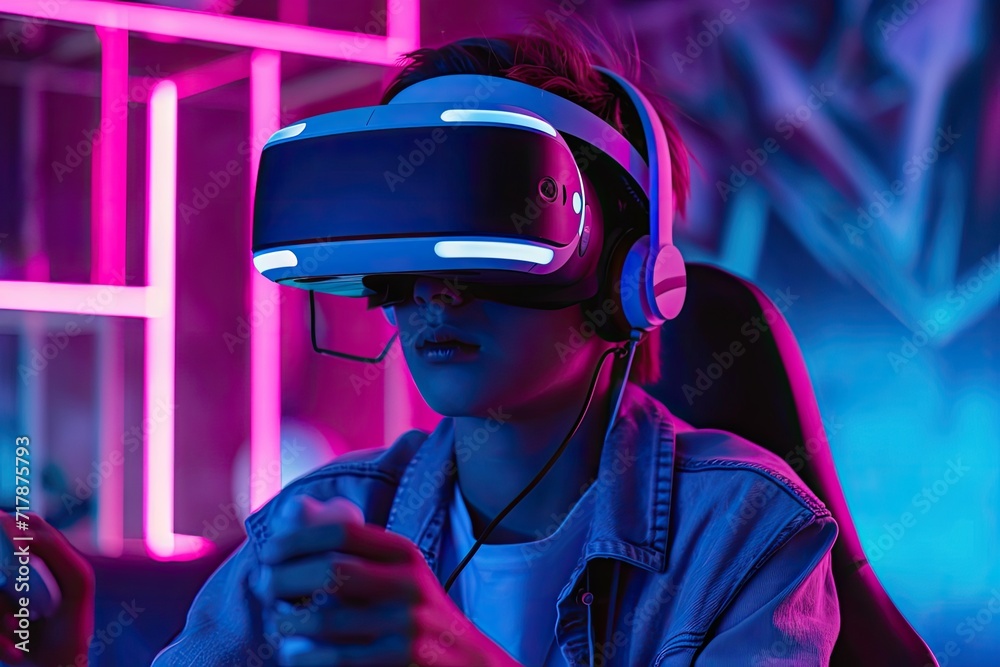 Future digital technology game and entertainment, Teenager having fun playing in VR virtual reality, futuristic neon color background