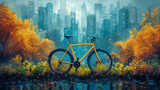Bicycle drawing, cityscape, art