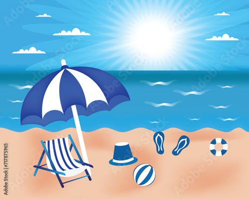 Umbrella and sun lounger on the beach Seaside vacation Summer holiday Lounger on sea beach Landscape beautiful seascape 