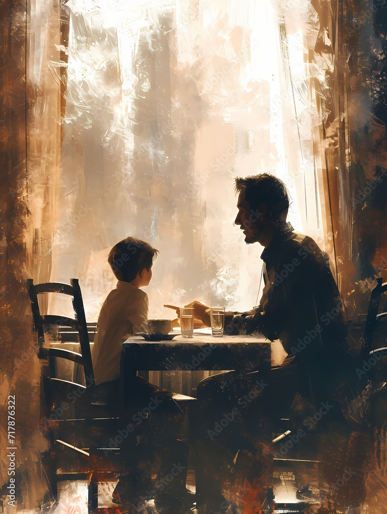 A father and son share a quiet moment, their silhouettes highlighted by the warm glow of the lamp, surrounded by the simple comfort of their clothing and furniture A father and son share a quiet moment, their silhouettes highlighted by the warm glow of the lamp, surrounded by the simple comfort of their clothing and furniture
