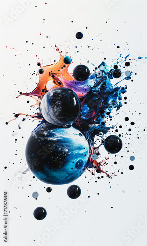 Planets and paint splashes in a dynamic cosmic setting.