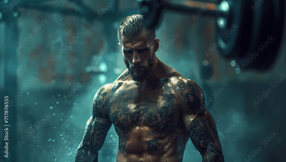 A rugged man with a chest full of tattoos and a well-groomed beard stares intensely into the camera, showcasing his impressive bodybuilding physique