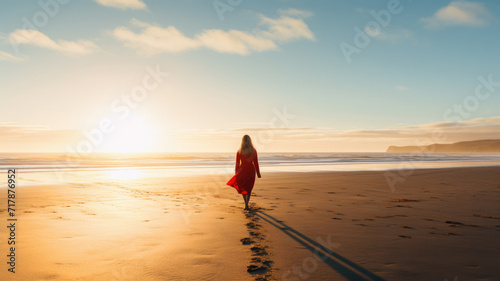 woman walking on beach at sunset in summer.