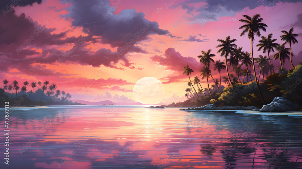 landscape, palm trees against sunset background