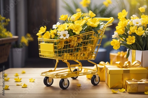 Decorative yellow shopping cart with delicate spring flowers and gifts. 