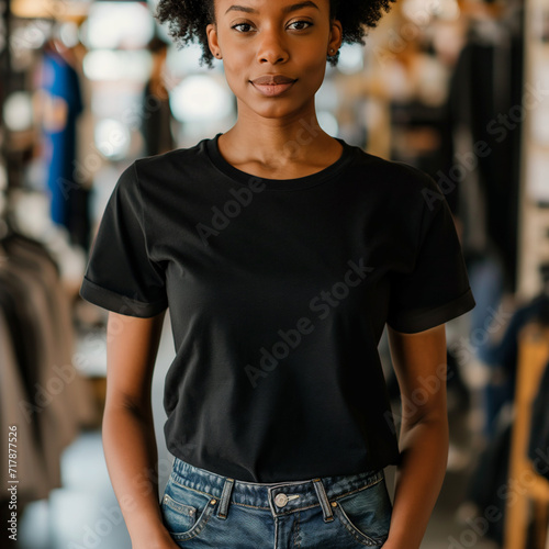 Black T-shirt Mockup, Black Woman, Girl, Female, Model, Wearing a Black Tee Shirt and Blue Jeans, Oversized Blank Shirt Template, Standing in a Clothing Store, Close-up View © Andrii Fanta