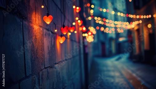 A magical evening Valentine's Day atmosphere as a couple walks hand in hand down a quaint cobblestone street,  lanterns and warm streetlights, creating a scene straight out of a romantic fairy tale.  photo