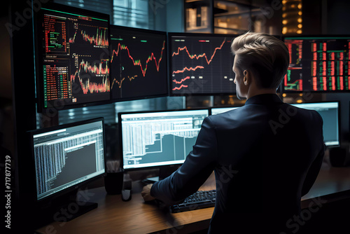 Back view of professional businessman or financial analyst he working with multiple monitors. Stock trading concept. Business, finance. Team of Brokers at work in agency. © idcreative.ddid