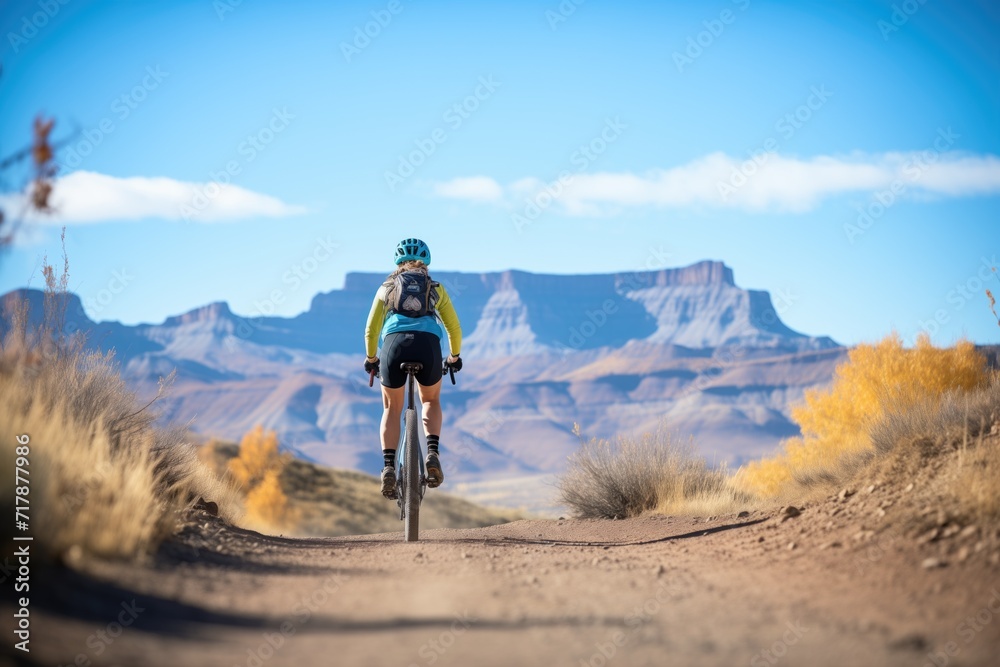 Fototapeta premium mountain biker on a trail with peaks in distance