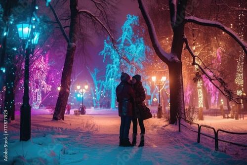 A magical evening Valentine's Day atmosphere as a couple walks hand in hand down a quaint cobblestone street, lanterns and warm streetlights, creating a scene straight out of a romantic fairy tale. 