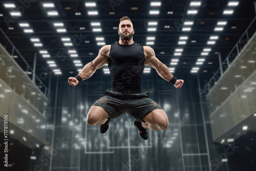 Strong man jumping in a modern gym, displaying athleticism and determination in a high-intensity fitness routine. © FutureStock
