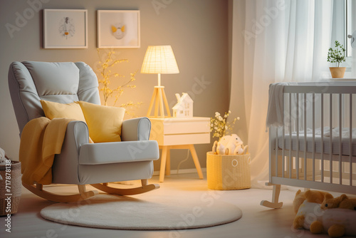 Nursery interior. Bed  cradle  chair  toys. Children s bedroom
