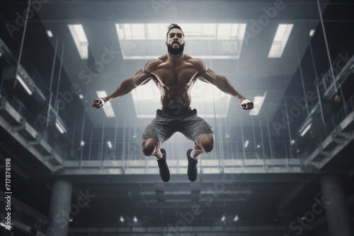 Young dedicated active strong fit man with big muscles jumping in the gym. © FutureStock