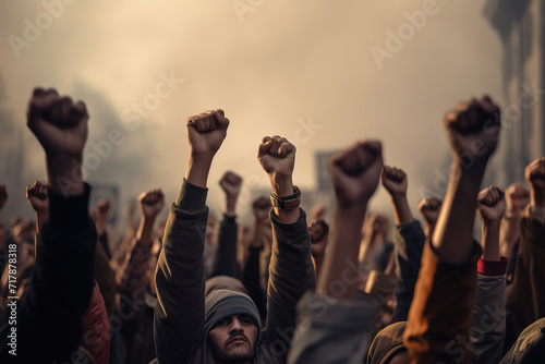 Arms raised in protest. Group of protestors fists raised up in the air. © FutureStock