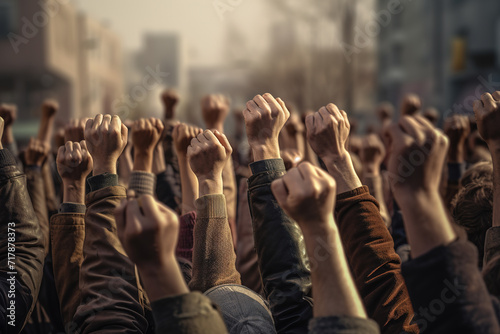 Protesters raise their arms in a collective display of dissent, fists reaching toward the sky.