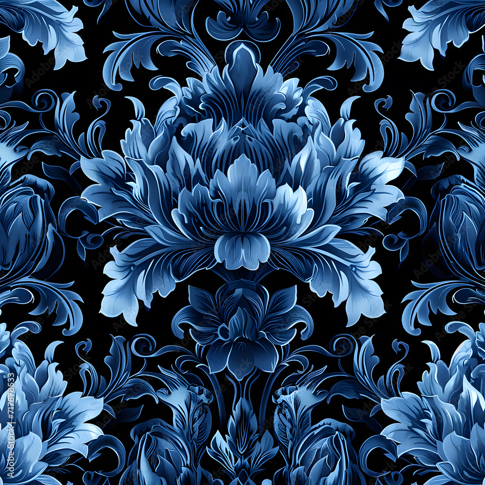 Blue flowers seamless pattern on black background illustration