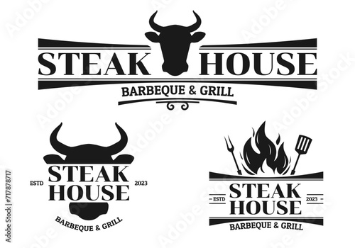 Steak house logo. BBQ, grill, meat restaurant emblem. Steakhouse sign or icon design with bull or cow head, fire flame. Vector illustration.